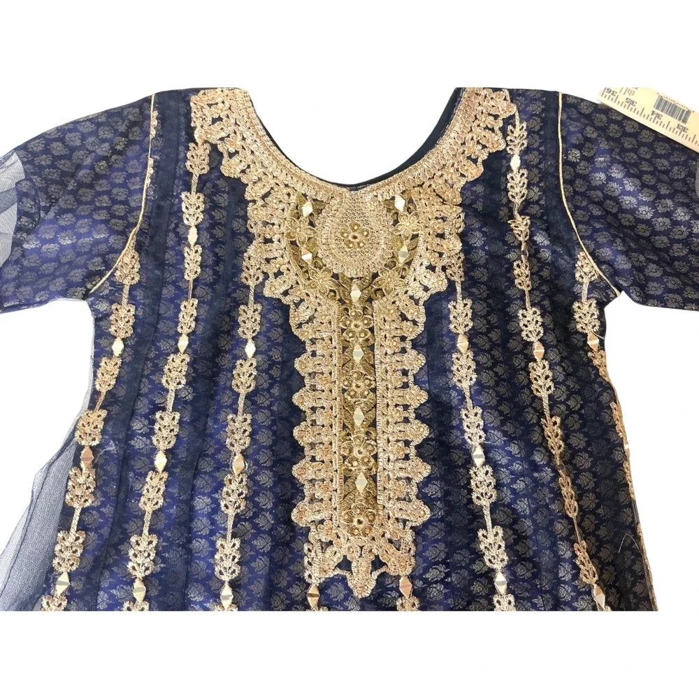 Kids Formal Navy Blue & Gold Embroidered‎ Dress Girls Party Occasion
